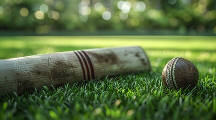 Wall Mural - Cricket bat and ball on grass