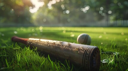 Wall Mural - Cricket bat and ball on grass