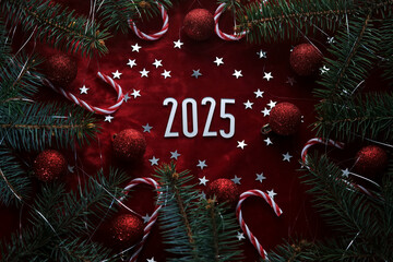 Wall Mural - new year red 2025 background. number of the coming year in christmas decoration.