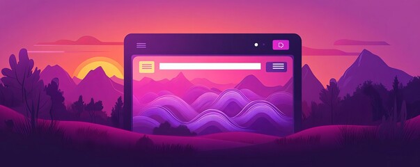 Browser window with search bar, dynamic wave patterns symbolizing data flow, bold purple hues, flat design illustration