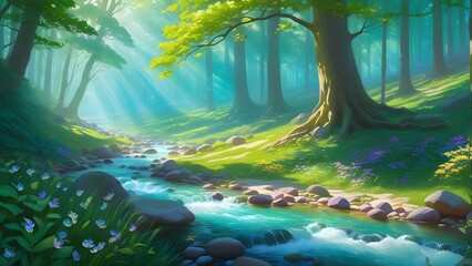 Mysterious green forest with a stream flowing through it. 3d render. Illustration