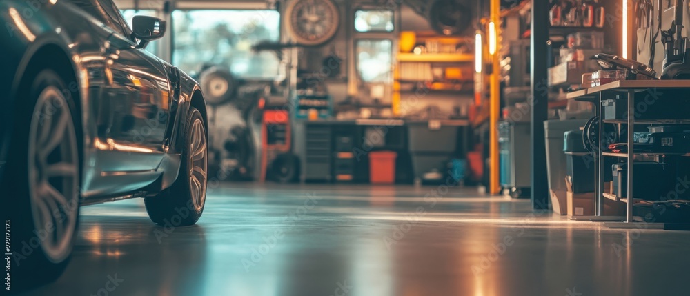 Blurred car garage background sleek industrial design soft focus ...