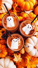 Wall Mural - Three cups of hot chocolate with ghost from marshmallow in them on pumpkin and autumn leaves background