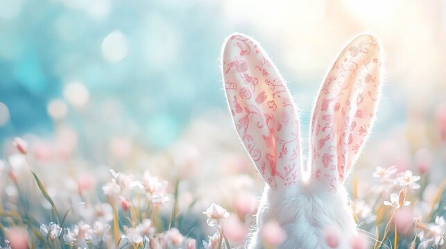 Design a pair of bunny ears with playful patterns and a spring background in soft pastel tones, creating a whimsical look