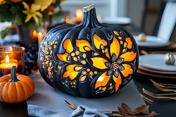 Poster - A carved pumpkin with a floral design glows with candlelight on a table setting.