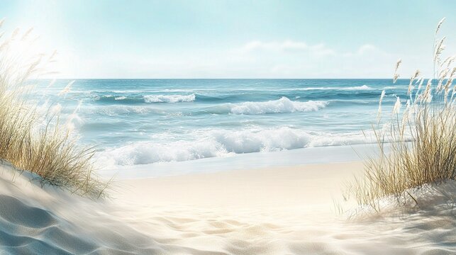 Design a peaceful beach background with soft sand and gentle waves, creating a tranquil seaside scene