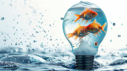 A light bulb is filled with water and fish. The fish are of different sizes and colors, and they are all swimming together in the bulb