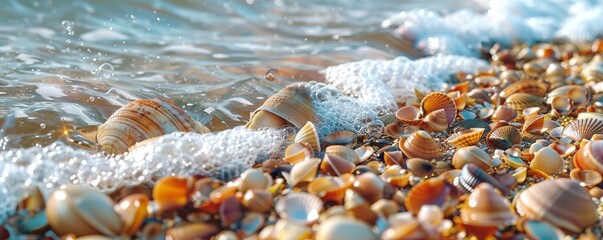 Sticker - Shoreline with colorful shells, 4K hyperrealistic photo