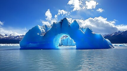Wall Mural - A large iceberg with an archway in the middle, with a blue sky and white clouds behind it.