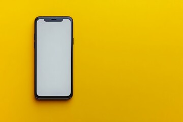  A modern smartphone with a sleek black frame and a blank white screen is displayed against a vibrant yellow background. The phone is centered and viewed from above, emphasizing its minimalist design 