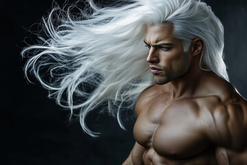 handsome adult male model with long white hair.