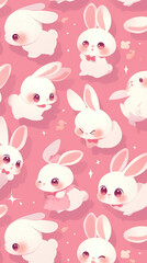 A cute cartoon rabbit with a pink bow on its neck is surrounded by hearts. The image has a playful and whimsical mood, with the rabbit being the main focus and the hearts adding a touch of cuteness