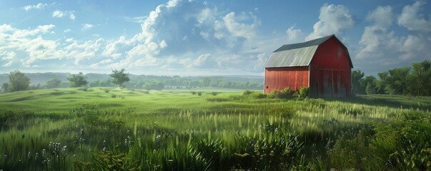 Wall Mural - Red barn in the middle of a green field, 4K hyperrealistic photo