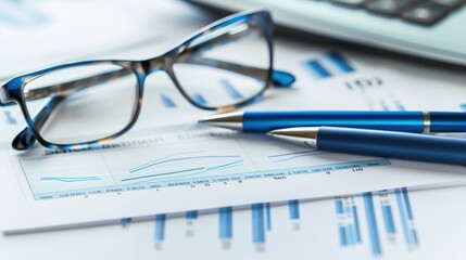 Poster - Glasses and pens rest on a report containing charts and graphs, illustrating a detailed analysis of business performance in a contemporary office environment