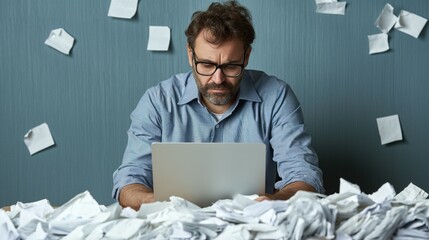 Poster - A man sits at a desk, concentrating on his laptop, while piles of crumpled papers surround him in a disorganized late-night workspace