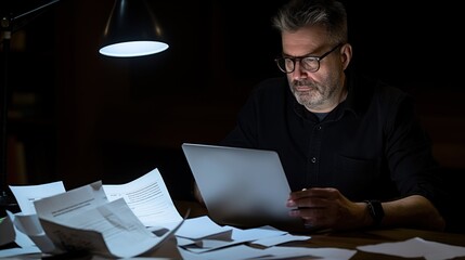 Poster - A person diligently reviews documents on their laptop, surrounded by scattered papers, under the soft glow of a desk lamp during a late-night work session