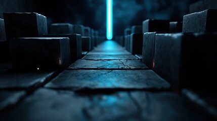 Poster - A dimly lit pathway reveals cracked tiles and shadowy blocks, highlighted by a striking neon blue light emerging from the darkness, creating a surreal atmosphere