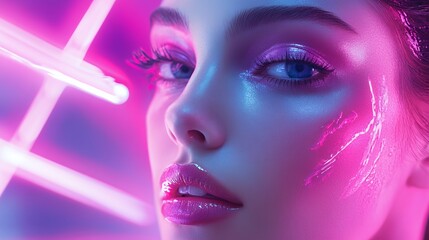 Wall Mural - A close-up portrait of a woman with glowing skin and vibrant lighting effects.