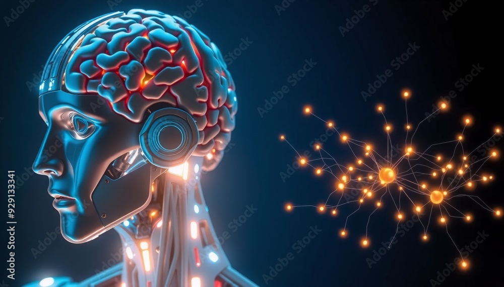 Human brain in detailed close-up on the left futuristic robot with ...