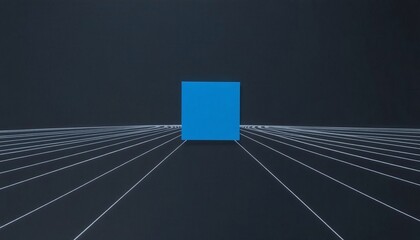 A solitary blue square on a dark canvas featuring thin white lines spreading outward The minimalist aesthetic highlights mental health themes with a clean sharp look