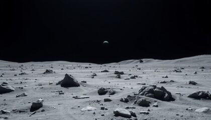 Wall Mural - barren moon landscape with craggy rocks and craters distant earth appearing as a small blue dot in t