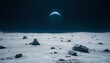 © Thanayut - vast desolate moon surface with scattered boulders earth hanging far above the horizon as a faint blue sphere muted gray tones of the moon contrasted with the vibrant blue o
