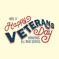 Happy Veterans Day typography greeting card template design. US Veterans Day banner for honoring all who served. American flag color red and blue text with stars. Waving lettering vector illustration.