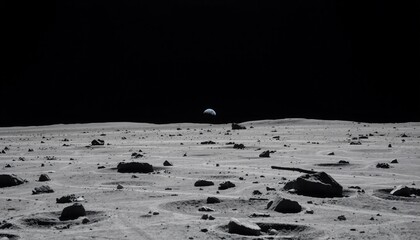 gray cratered moon surface with distant earth as a faint blue dot rugged lunar terrain with scattere