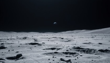 Wall Mural - desolate moon landscape with rugged craters and fine dust distant earth as a small blue dot sharp co