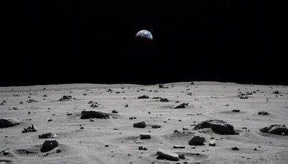 Wall Mural - moons barren surface with scattered rocks and craters earth visible far above as a tiny blue orb hig