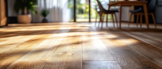 Bright sunlit interior with wooden floor and dining area in a modern home