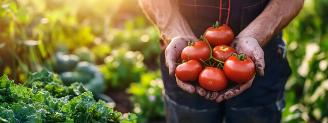 Freshly picked tomatoes held in hands, showcasing organic farming and the beauty of homegrown produce in natural sunlight.