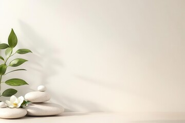 Poster - Minimalist design with smooth, delicate stones, soft lighting and ample copy space for branding,