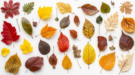 Poster - A variety of autumn leaves in different colors and shapes arranged artistically on a light surface.