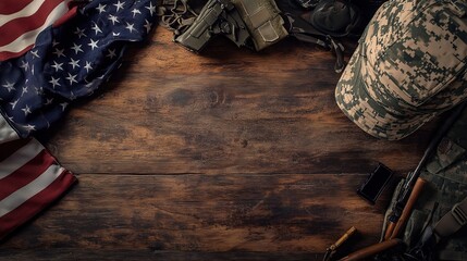 Military Tribute: American flag, military hat, gun, and other military gear on rustic wood background with copy space.  