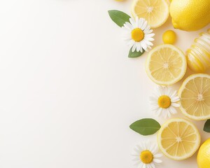 Poster - An elegant arrangement of lemons and daisies, featuring a minimalist style and fresh colors, provides ample space for branding elements.