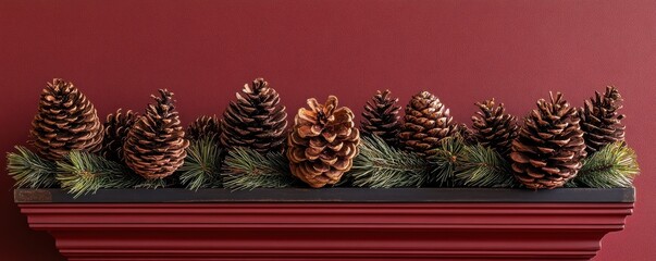 Poster - Rustic iron rectangular stand with pinecone garland on burgundy background