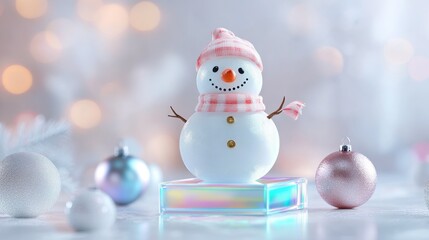 Poster - Iridescent acrylic cube podium with snowman on pure white background