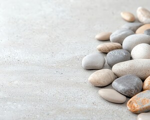 Poster - Delicate pebbles scattered on a smooth stone slab, soft lighting with generous copy space, ideal for modern designs,