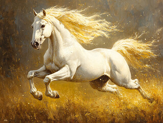 Wall Mural - a majestic white house galloping through a golden forest, its mane and tail flowing in the wind.