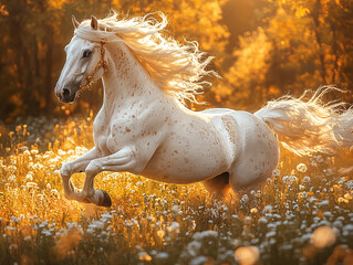 a majestic white house galloping through a golden forest, its mane and tail flowing in the wind.