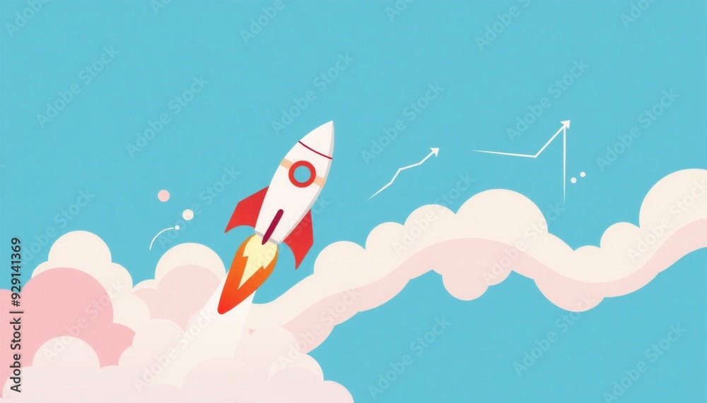 stylized rocket in bright red and white taking off flat design with ...