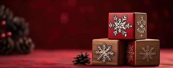 Poster - Wooden cube display stand with snowflake pattern on burgundy background