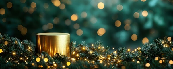 Poster - Golden cylindrical pedestal with Christmas lights on forest green backdrop