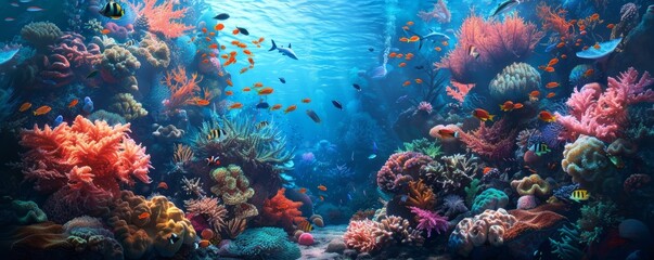 Wall Mural - Vibrant coral reef scene with diverse fish, 4K hyperrealistic photo