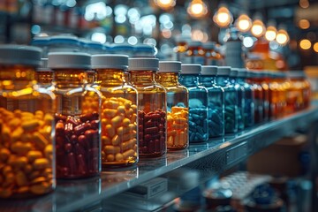 Wall Mural - Rows of colorful bottles filled with various pills and capsules in a pharmacy during evening hours