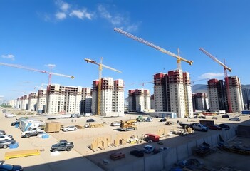 A large construction site with multiple high-rise buildings under construction, cranes, and construction equipment visible