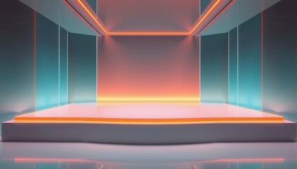 sleek stage design with clear base neon orange and turquoise highlights clean lines and smooth surface subtle glow from below futuristic and minimalistic appearance