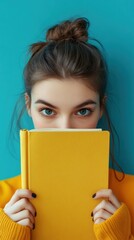 Wall Mural - A woman with a yellow book covering her face, AI