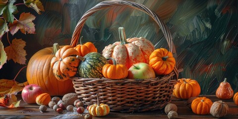 Canvas Print - Close up still life of Thanksgiving Day with pumpkin harvest in a wicker basket featuring a variety of autumn fruits and vegetables such as squash apples and nuts on a wooden table Fall desi